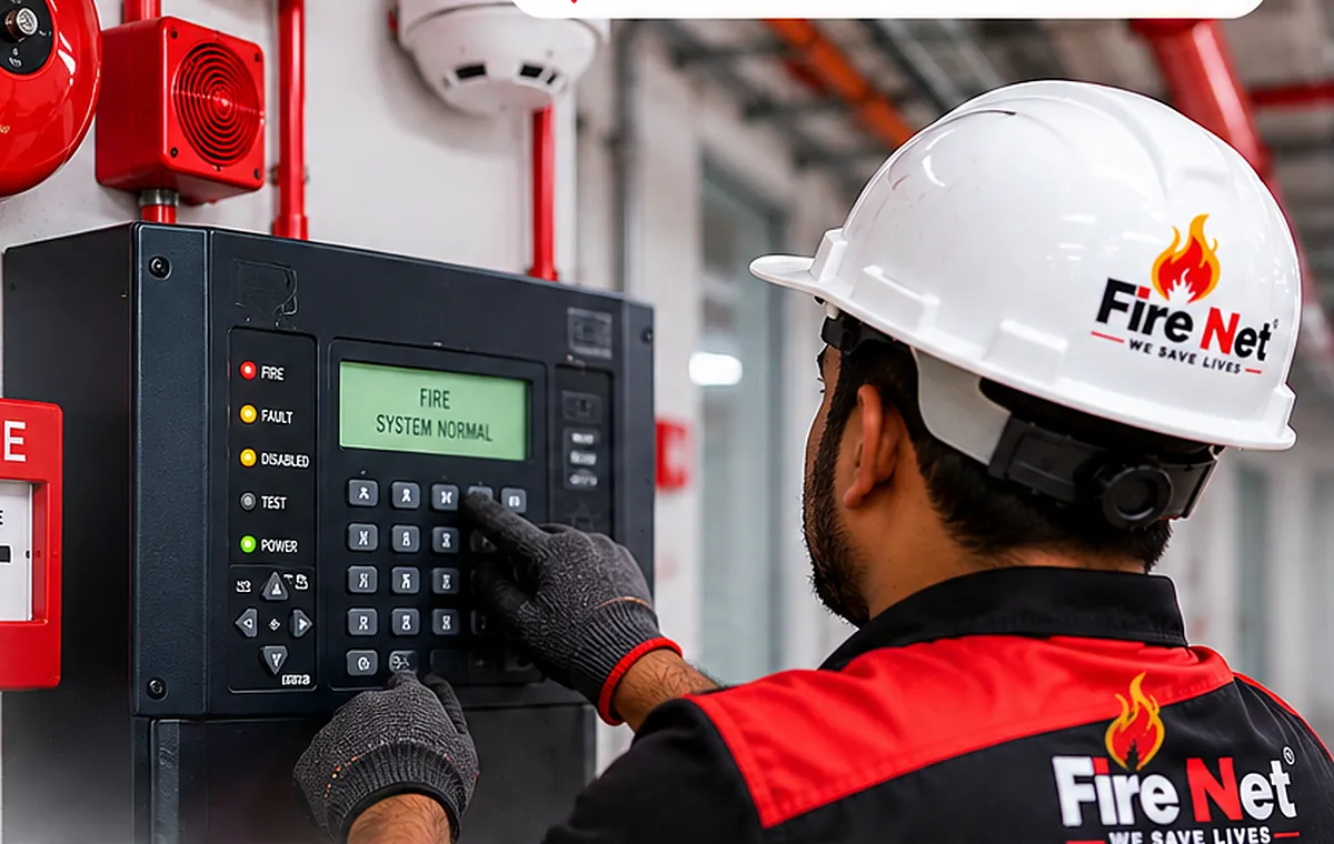 FIRENET engineer testing a fire alarm control panel