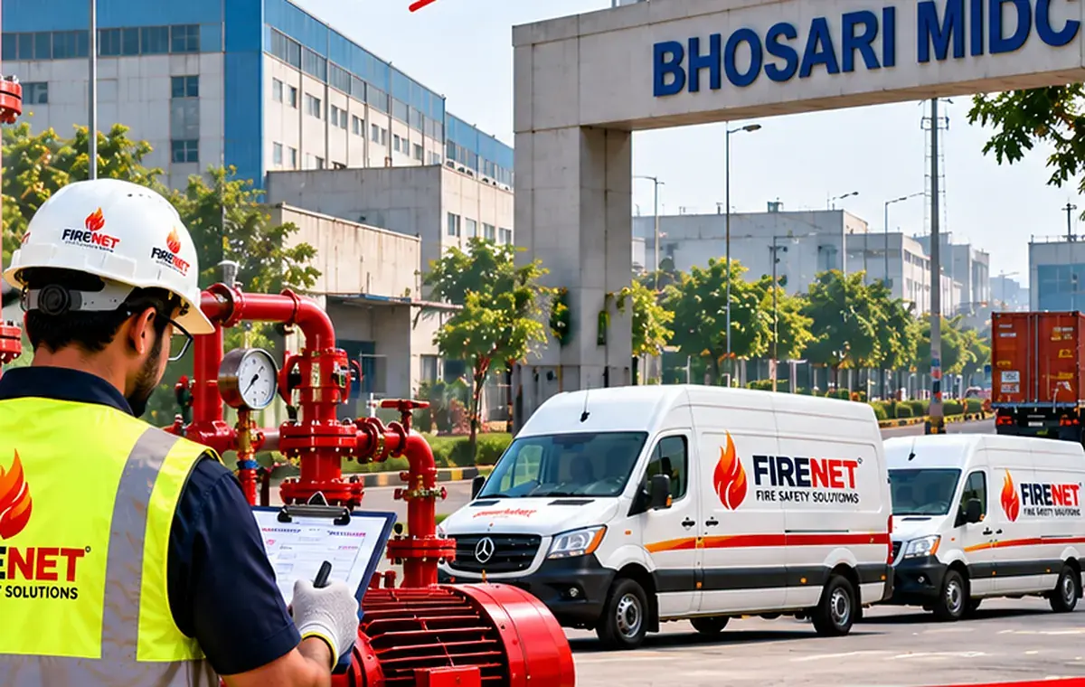 FIRENET engineer at a fire pump with service vans at Bhosari MIDC
