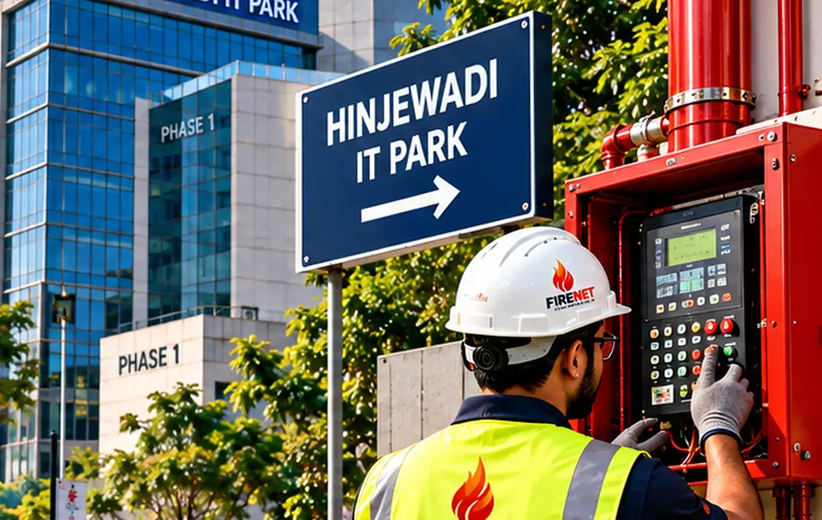 FIRENET technician testing a fire alarm panel at Hinjewadi IT Park