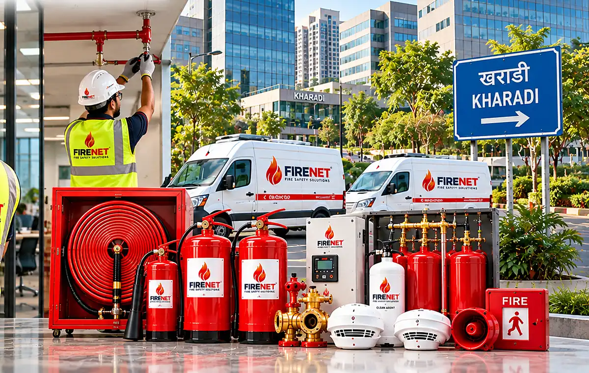 FIRENET technicians servicing fire safety systems in a Kharadi office