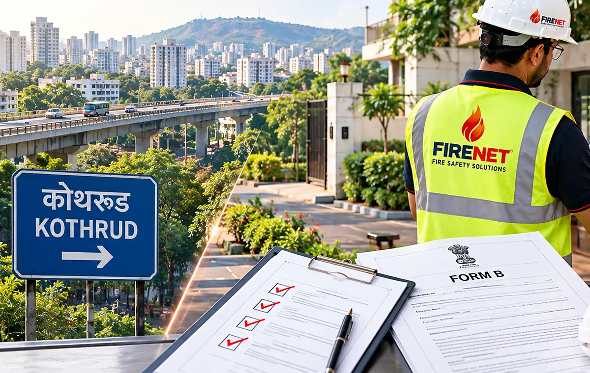 FIRENET engineer with a Form B checklist at a Kothrud housing society