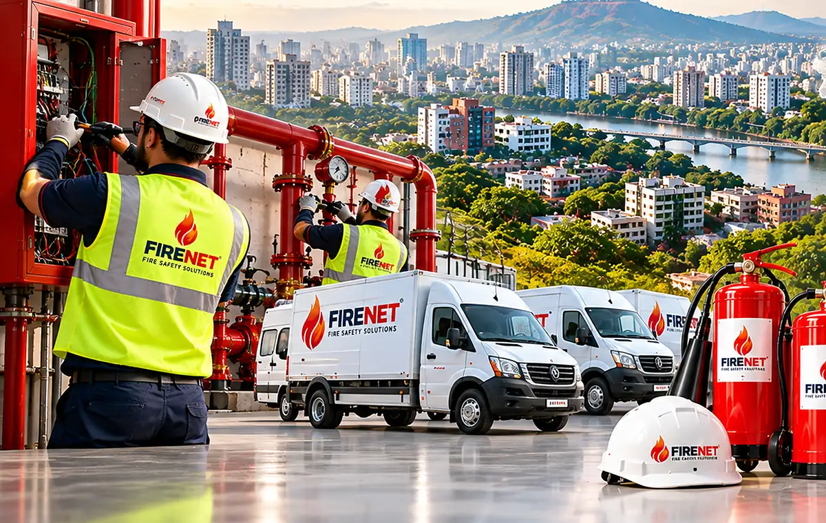 FIRENET technicians, service vans and fire safety equipment in Pune
