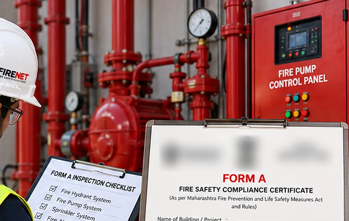 FIRENET engineer with a Form A inspection checklist in a fire pump room