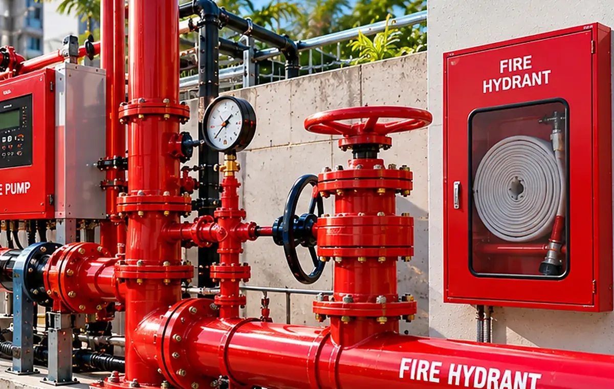 Fire hydrant hose reel cabinet, landing valve and red pipework outside a building