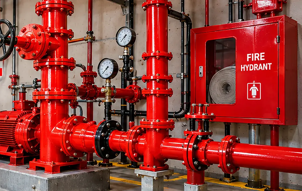 Fire hydrant pump room with pump control panel and hydrant cabinet