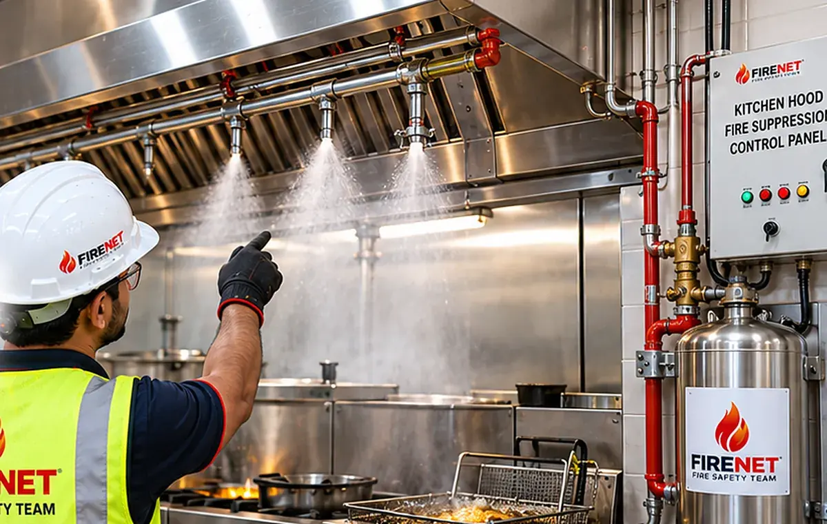 FIRENET engineer testing a kitchen hood fire suppression system