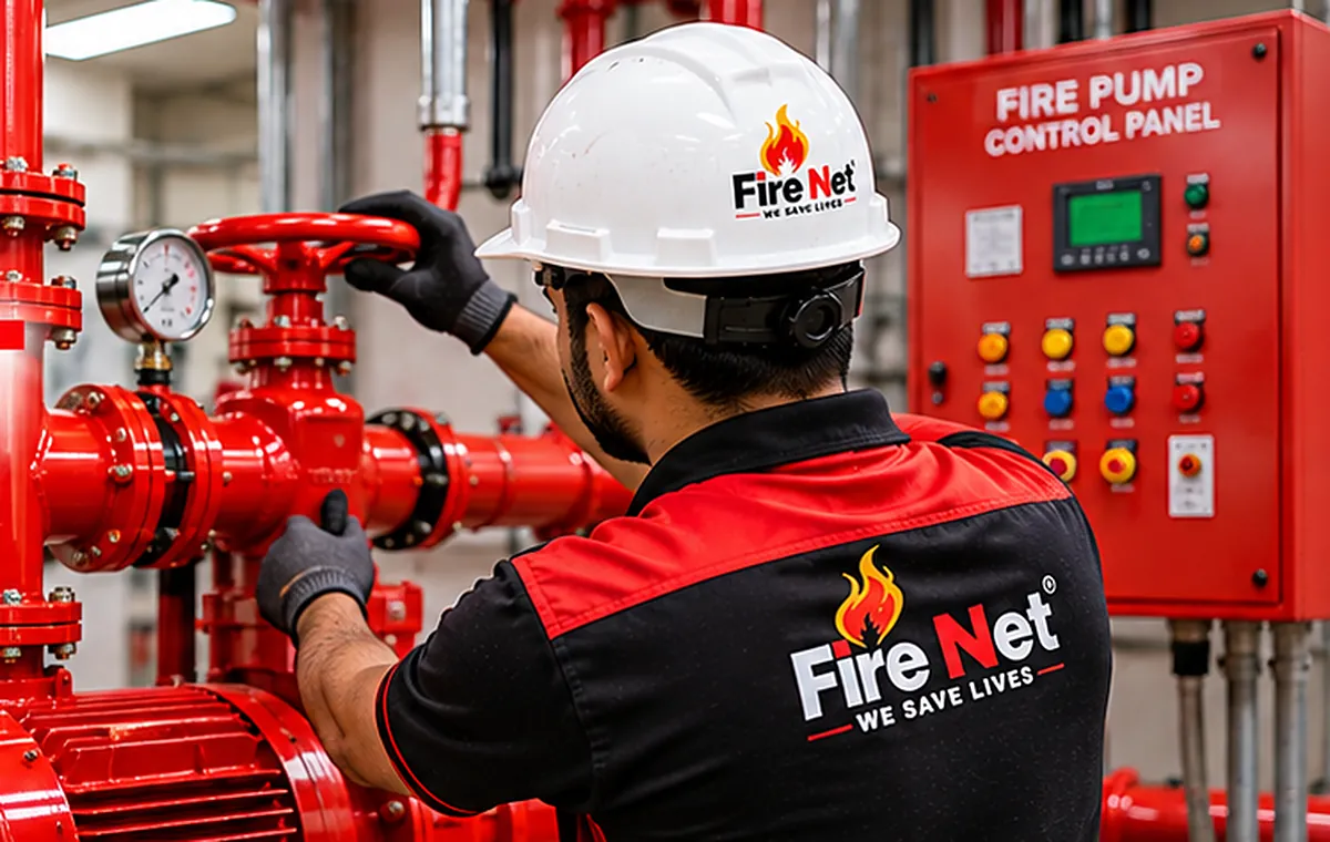 FIRENET technician commissioning a fire pump in a pump room