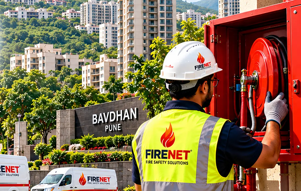 FIRENET technician checking a hose reel cabinet at a residential complex