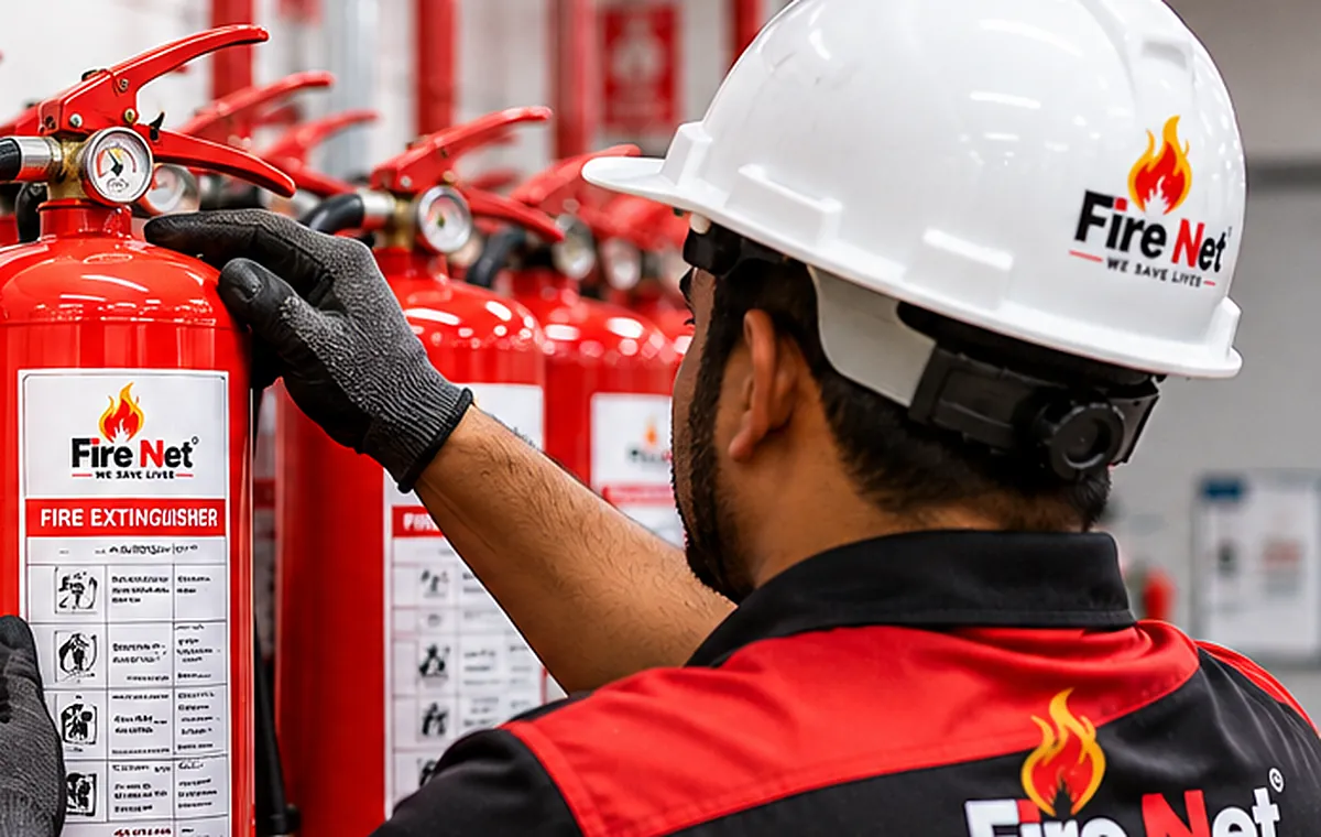 FIRENET technician checking the pressure gauge of a fire extinguisher