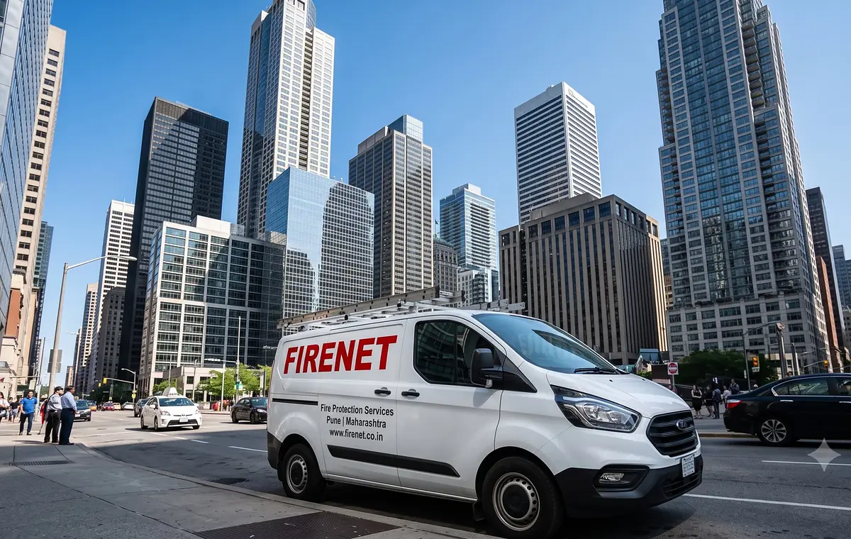 FIRENET service van among city office towers