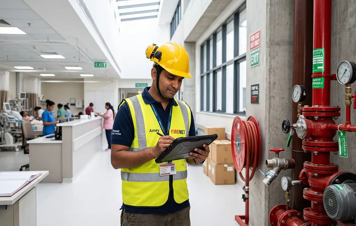 FIRENET engineer inspecting a hose reel in a hospital corridor