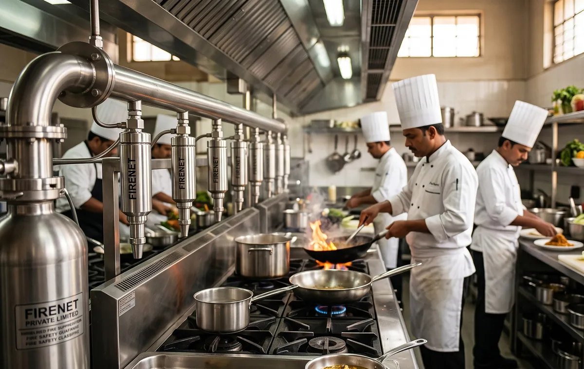 Restaurant kitchen with a wet chemical fire suppression cylinder