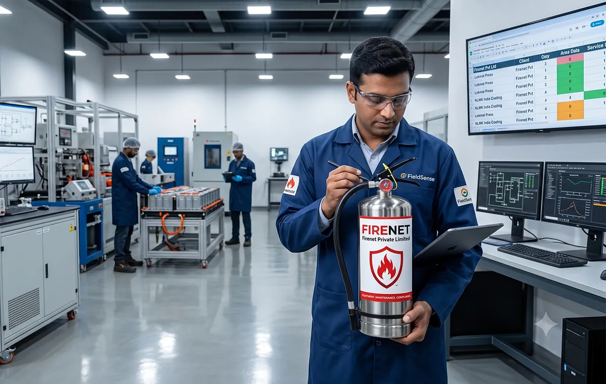 FIRENET engineer checking a stainless steel extinguisher in a pharma plant