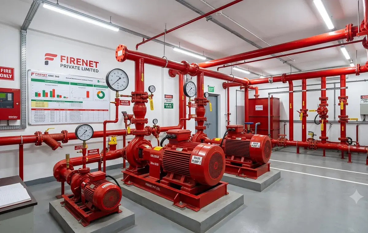 Fire pump room with jockey and main pumps installed by FIRENET