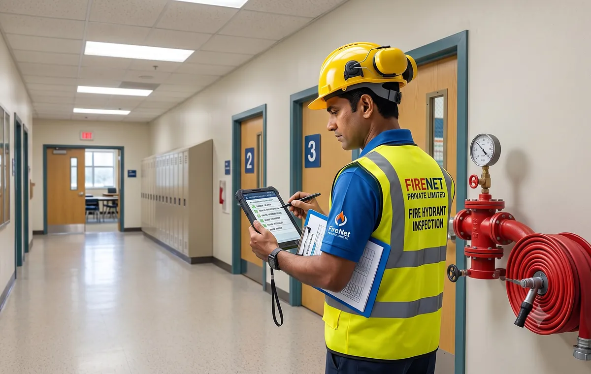 FIRENET engineer inspecting a hose reel in a school corridor