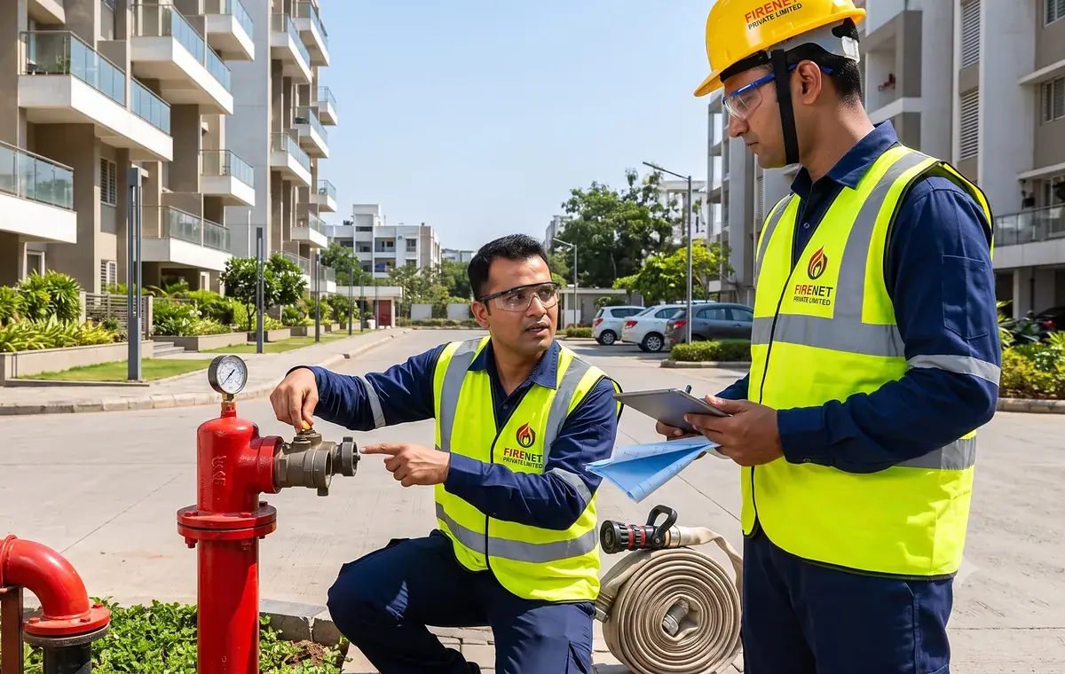FIRENET engineers testing a hydrant valve at a housing society