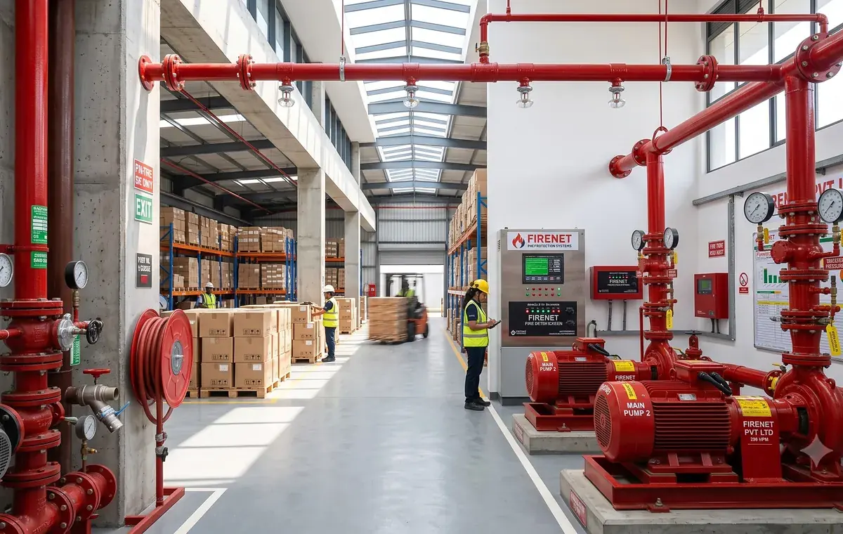 Warehouse fire pump set and hydrant pipework serviced by FIRENET