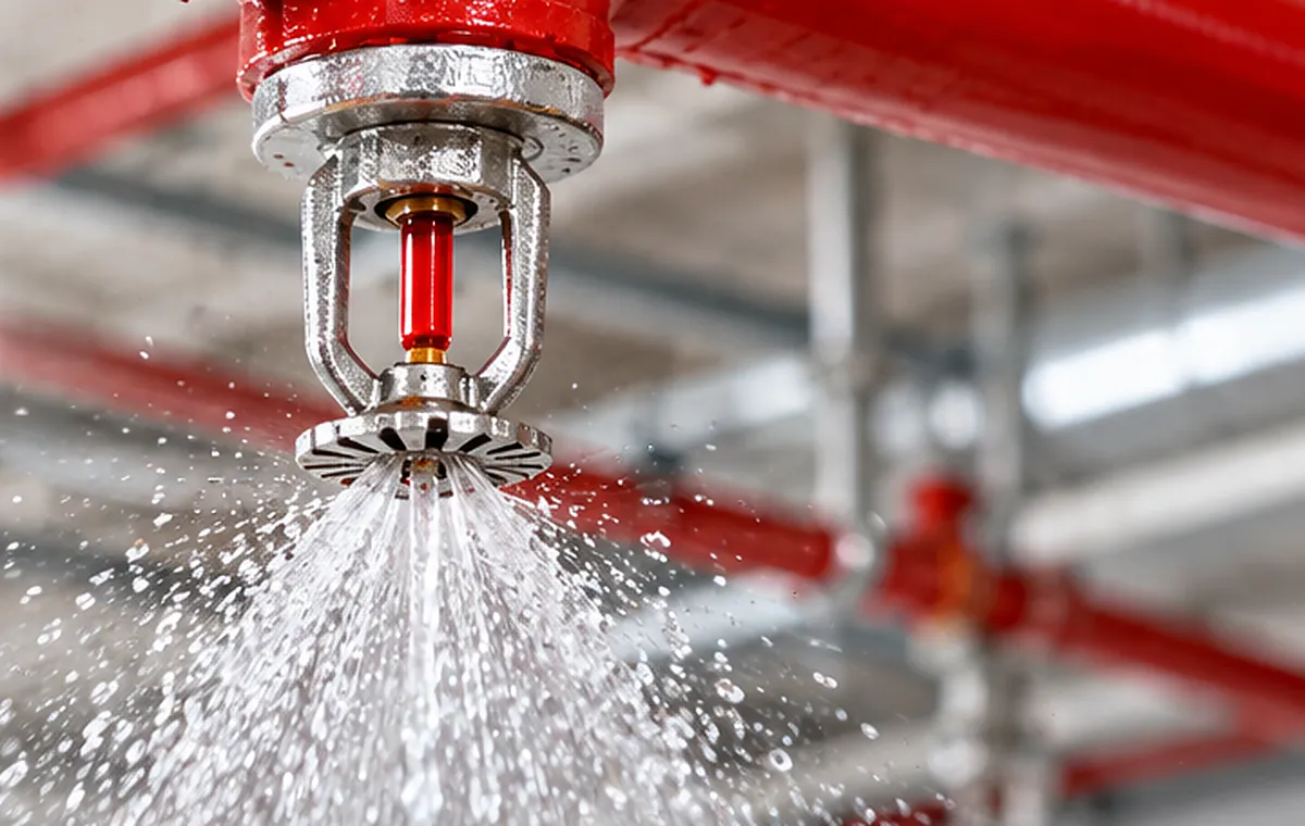 Automatic fire sprinkler head spraying water below red sprinkler pipework